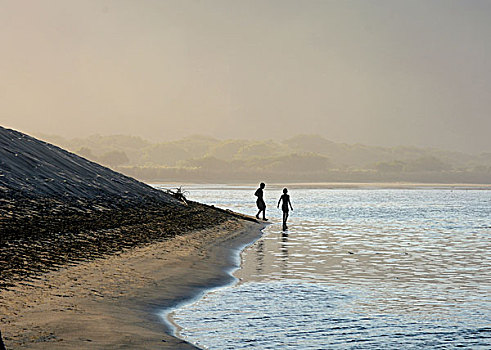 两个男孩,海滩,野外,海岸,靠近,港口,东开普省,南非,非洲