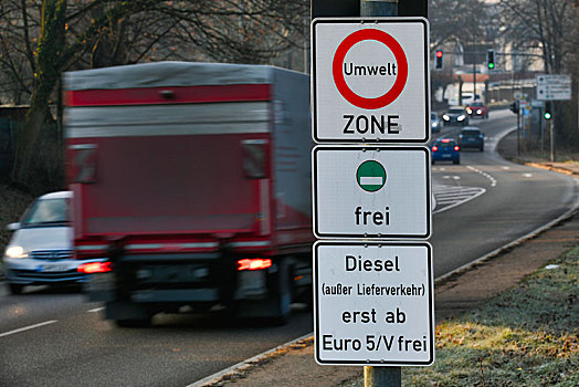 交通标志,第一,城市,柴油,禁止,欧元,递送,交通,低,排放,不干胶,斯图加特,巴登符腾堡,德国,欧洲
