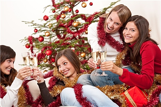 四个,美女,祝酒,香槟,圣诞节