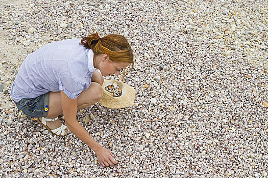 女青年,收集,鹅卵石,海滩