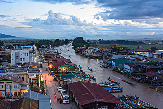 酒店,运河,船,茵莱湖,掸邦,缅甸