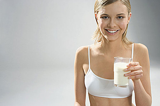 女青年,牛奶,嘴,拿着,牛奶杯