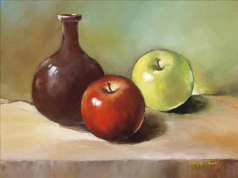 静物,两个,苹果,花瓶,桌面,油画