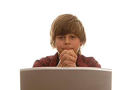 男孩,后面,笔记本电脑,祈祷,失望地