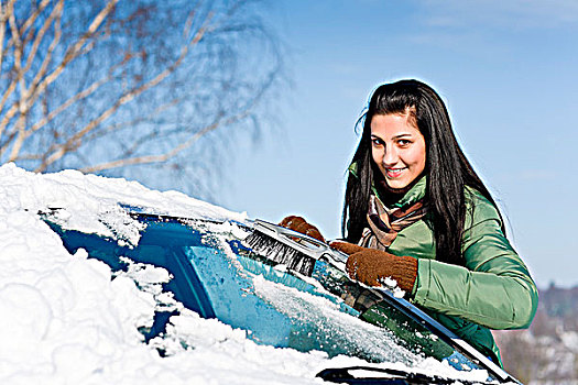 冬天,汽车,女人,雪,挡风玻璃,刷