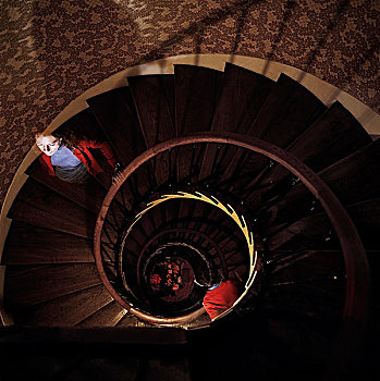 幽灵,女人,穿,蓝色,上面,红色,开襟羊毛衫,两次,老,木质,螺旋,楼梯,褐色,花,壁纸,夜晚,巴黎,法国,四月,2008年