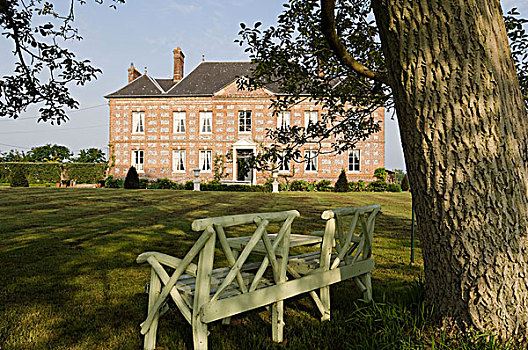 木制长椅,风景,花园,法国,庄园