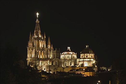 康塞普西翁,教堂,夜晚,历史,城镇,圣米格尔,省,瓜纳华托,墨西哥