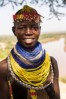 美女,传统,饰品,头像,卡罗部落,奥莫河,南方,区域,埃塞俄比亚,非洲