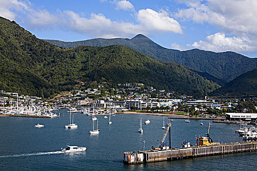俯拍,船,港口,皮克顿,马尔伯勒,南岛,新西兰
