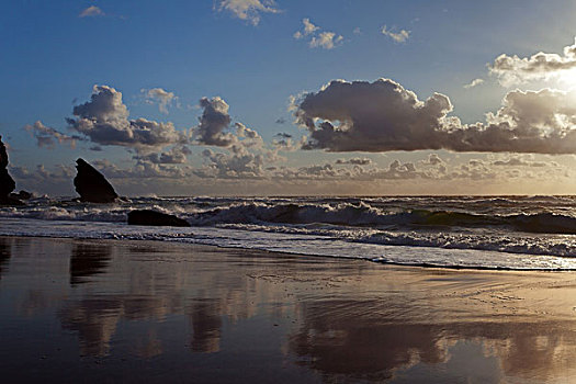 落日,海滩,大西洋,海浪,海岸,海洋,石头,葡萄牙