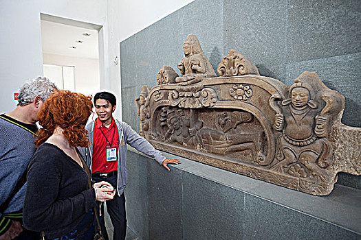 越南,岘港,博物馆,鞑靼,雕塑,游客,看,砂岩,雕刻