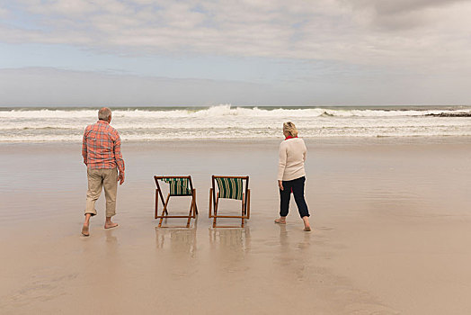 高兴,老年,夫妻,走,海滩