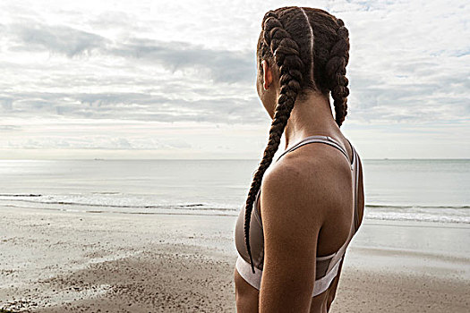 美女,跑步,头发,辫子,向外看,海洋,海滩