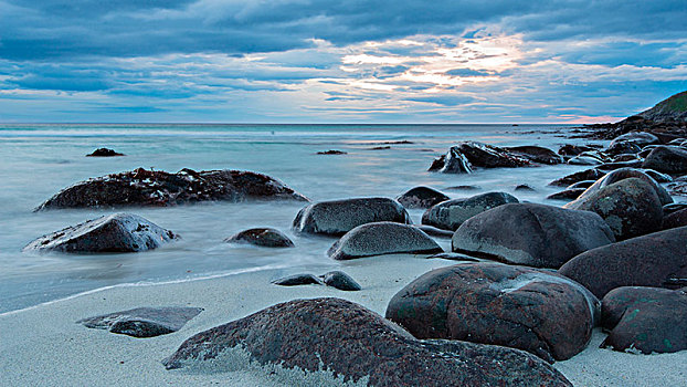 石头,海滩,日落,罗弗敦群岛,挪威,欧洲