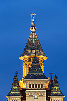 城市教堂,黄昏,蒂米什瓦拉,巴纳特,罗马尼亚