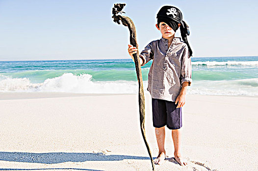 男孩,海盗,服饰,站立,海滩