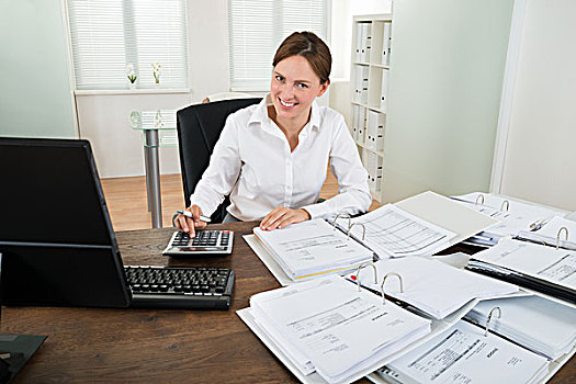职业女性,计算,财务数据,书桌