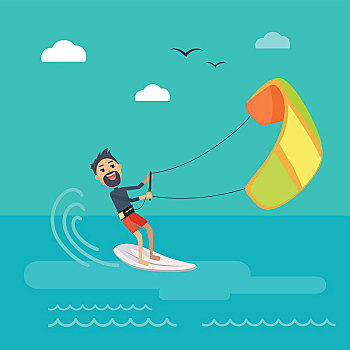 风筝冲浪,矢量,概念,喜悦,男人,拿着,风筝,滑动,海面,冲浪,休闲,暑假,休息,热带,海岸,旅行社,广告,设计
