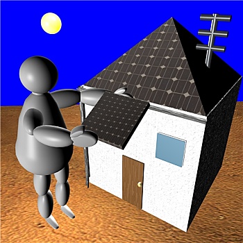 木偶,放,太阳能电池板,房子
