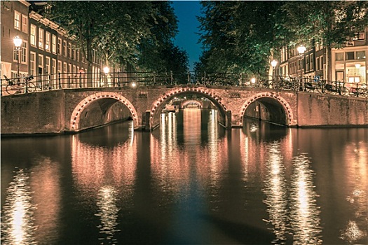 夜晚,阿姆斯特丹,运河,桥
