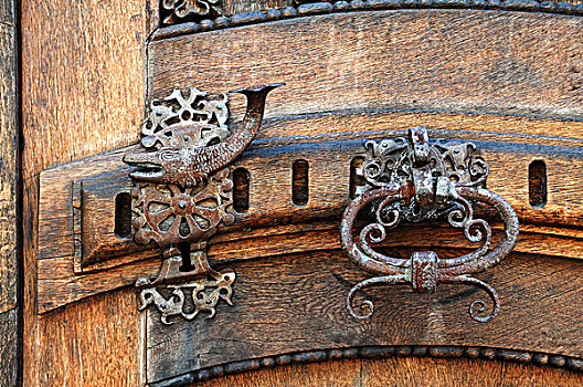 门,门环,把手,大门,15世纪,街道,弗兰克尼亚,巴伐利亚,德国,欧洲