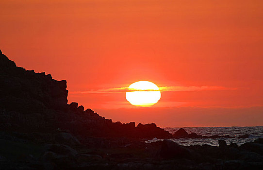 日落,岩石海岸,岛屿,挪威,欧洲
