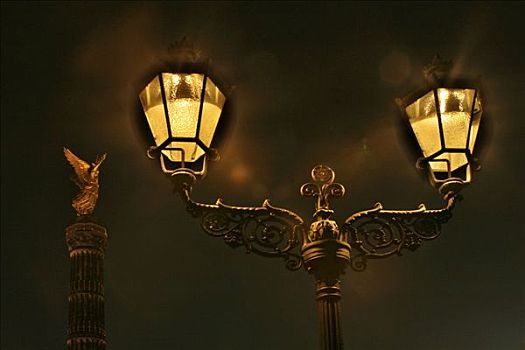 柱子,胜利,老,灯笼,夜晚,柏林,德国