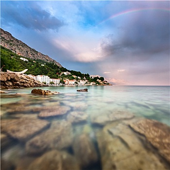 彩虹,上方,岩石,海滩,小,乡村,雨,达尔马提亚,克罗地亚