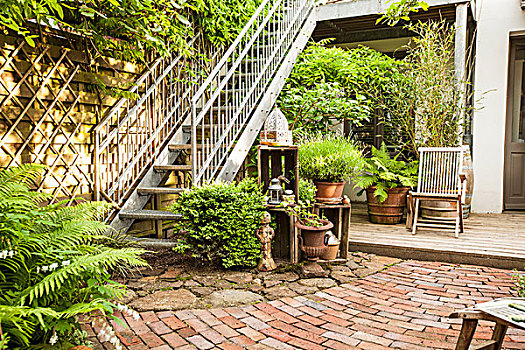 平台,植物,盆栽,石头,石板路,外部,楼梯,露台