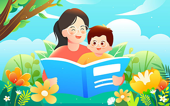 开学季亲子教育阅读世界读书日亲情陪伴插画