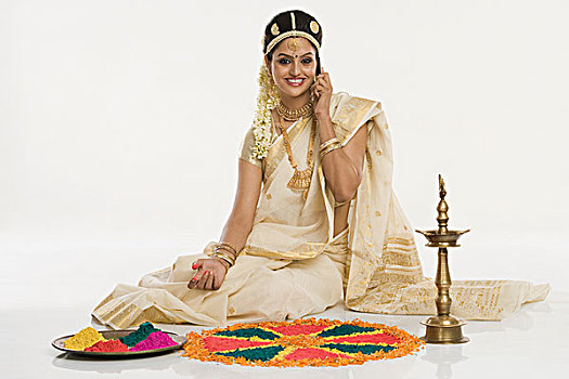印第安女人,传统服装,制作,交谈,手机