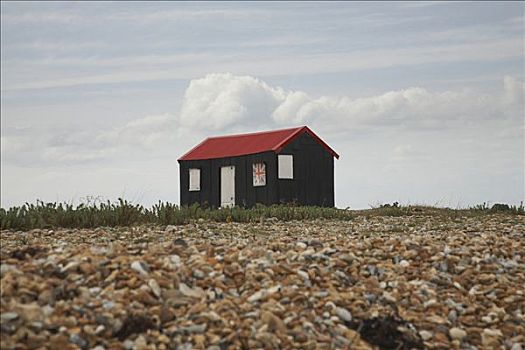 乡村,红色,屋顶,海滩小屋,英国国旗,百叶窗,英格兰