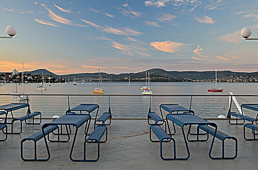 野餐桌,码头,沙,湾,塔斯马尼亚,澳大利亚