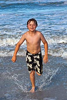 男孩,跑,水,海滩