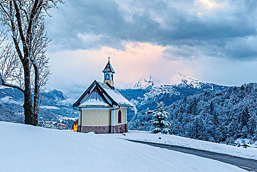 小教堂,冬天,贝希特斯加登地区,地区,上巴伐利亚,巴伐利亚,德国