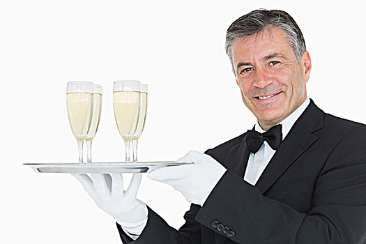 微笑,服务员,拿着,银色托盘,玻璃,满,香槟