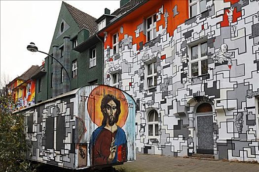 彩色,涂绘,房子,建筑,建筑工人,拖车,耶稣,涂鸦,绘画,老,北莱茵威斯特伐利亚,德国,欧洲