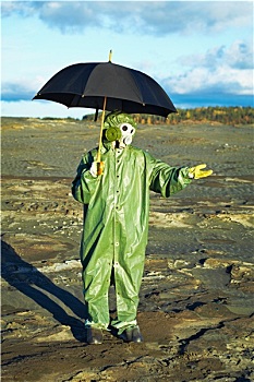男人,防毒面具,伞,等待,酸雨