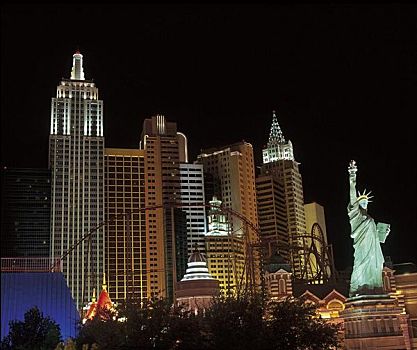 纽约,纽约酒店,赌场,夜晚,自由女神像,建筑,公寓楼,拉斯维加斯,内华达,天际线,美国,北美