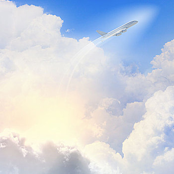 图像,飞,飞机,蓝天,太阳,背景