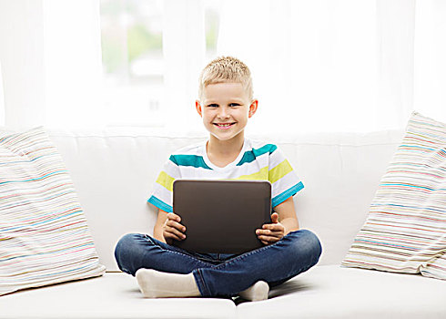 家,休闲,新,科技,概念,微笑,小男孩,平板电脑,电脑,在家