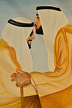哈利法,吻,父亲,苏丹,前额,绘画,阿布扎比,阿联酋,阿拉伯,东方,中东