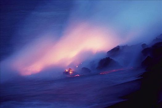夏威夷,夏威夷大岛,夏威夷火山国家公园,熔岩流,海洋,黎明,创作,紫色,薄雾