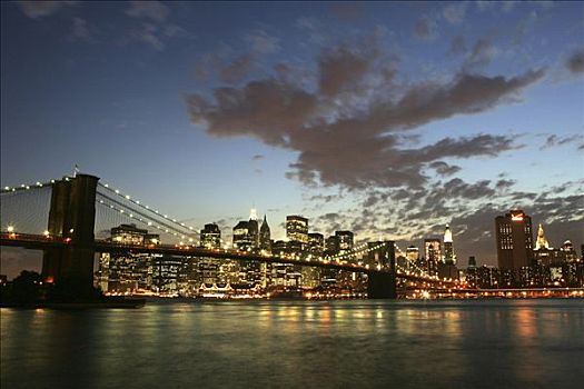 美国,纽约,天际线,南,曼哈顿,黄昏,布鲁克林,布鲁克林大桥,东河
