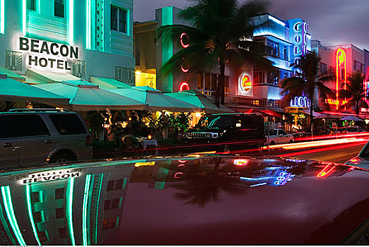 海滨大道,夜晚,迈阿密海滩,佛罗里达,美国