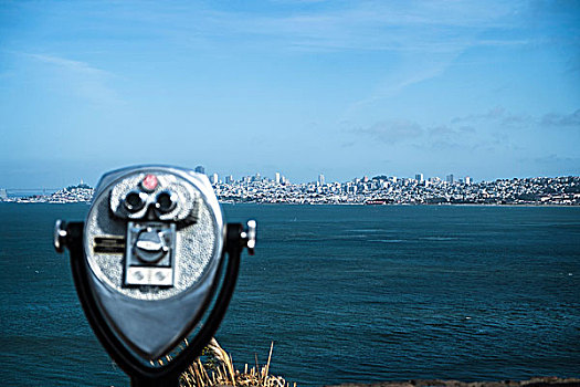 投币望远镜,天际线,背景,旧金山,加利福尼亚,美国