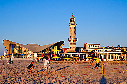 沙滩排球,海滩,灯塔,波罗的海,胜地,靠近,罗斯托克,梅克伦堡前波莫瑞州,德国,欧洲