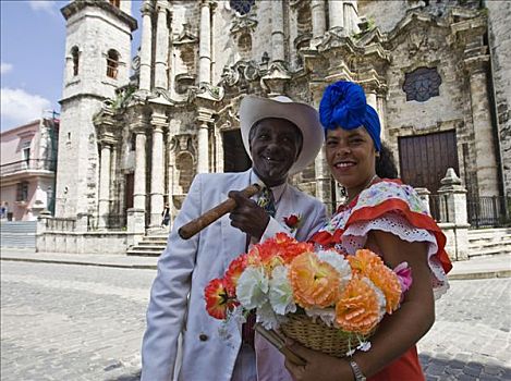 女人,拿着,花,男人,雪茄,游客,历史,地区,哈瓦那,古巴,加勒比海