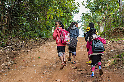 学生,途中,学校,琅勃拉邦,老挝,亚洲